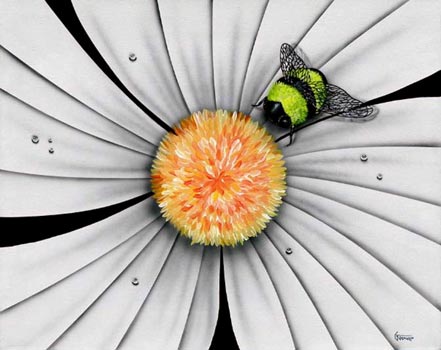 michael godard white flower bumble bee