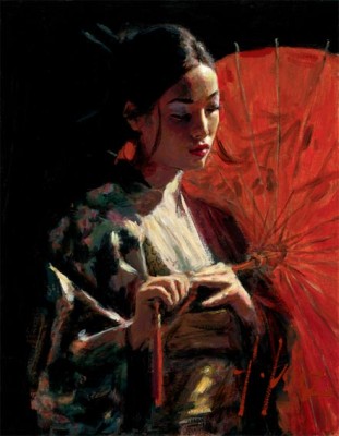 Michiko with Red Umbrella, by Fabian Perez - Village Gallery