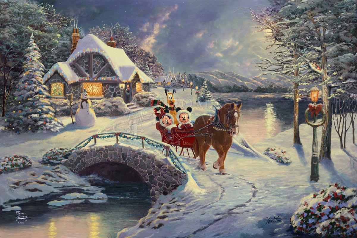 Mickey and Minnie Evening Sleigh Ride, by Thomas Kinkade Studios - canvas /  18-x-27 / je / unframed