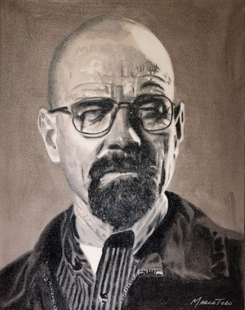 Oil painting portrait of Walter White, the iconic character from Breaking Bad, with a serious expression, bald head, glasses, and goatee, wearing a jacket and striped shirt, painted in grayscale tones.