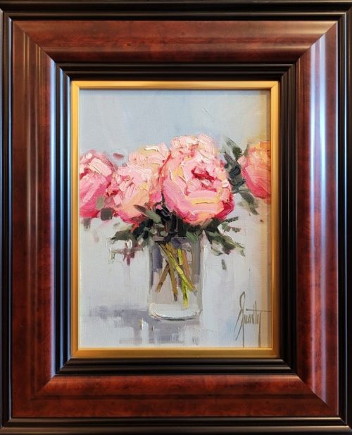 "Beauty Original by Steven Quartly: Impressionistic painting of a pink rose in the foreground with a soft, sunlit beach and ocean in the background."