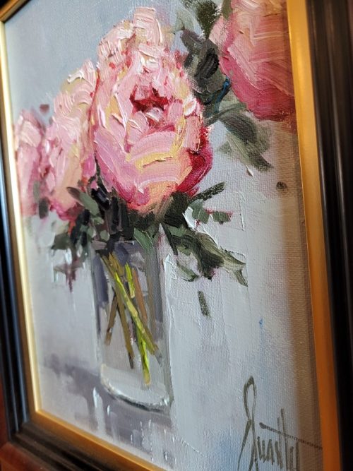 "Beauty Original by Steven Quartly: Impressionistic painting of a pink rose in the foreground with a soft, sunlit beach and ocean in the background."